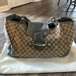 Gucci XL Brown Monogram GG and Gray Leather Horsebit Shoulderbag